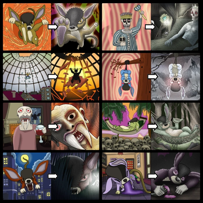 Side-by-side comparisons of earlier Kravestorm illustration concepts and their newer versions