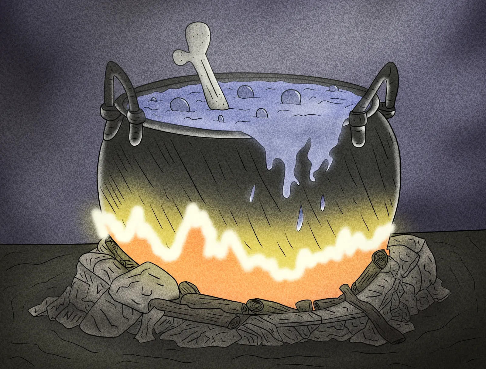 A large cauldron of bluish soup boiling over a fire, with bones rising from the liquid.