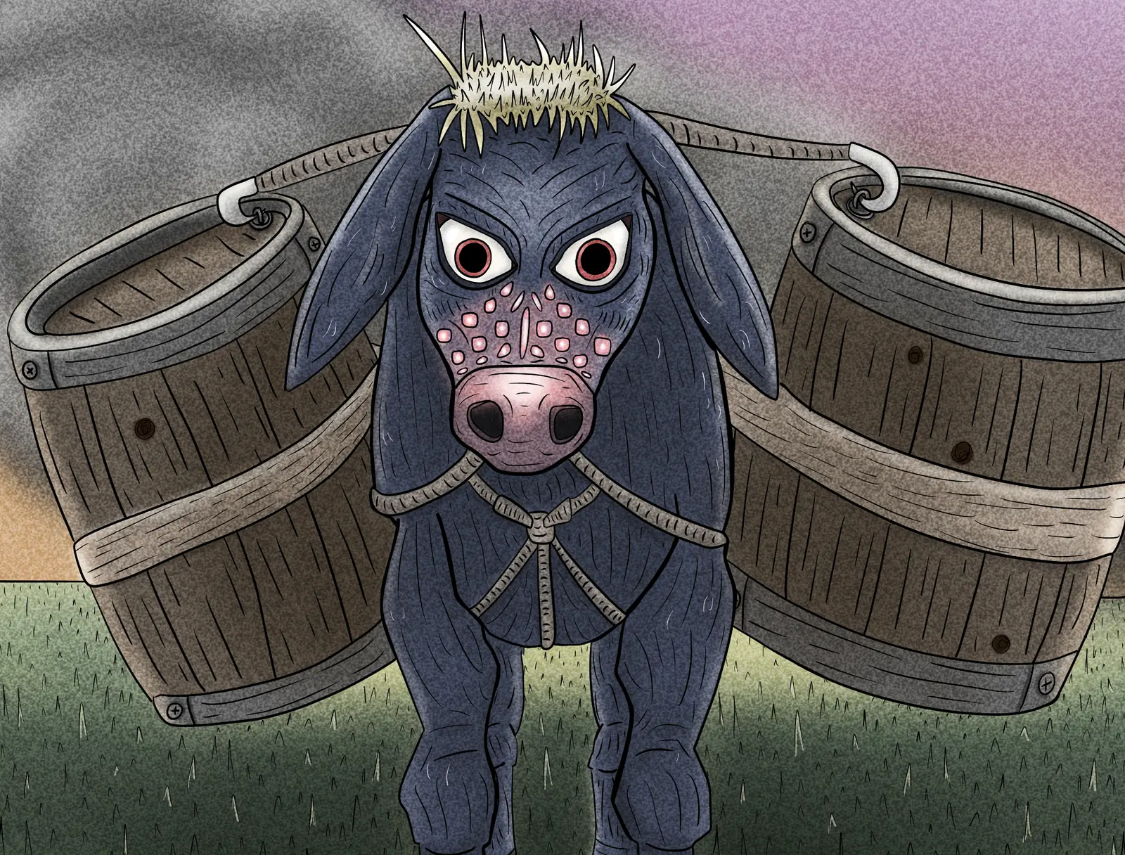 A dark blue beast carrying two large wooden buckets beneath a dusky sky.