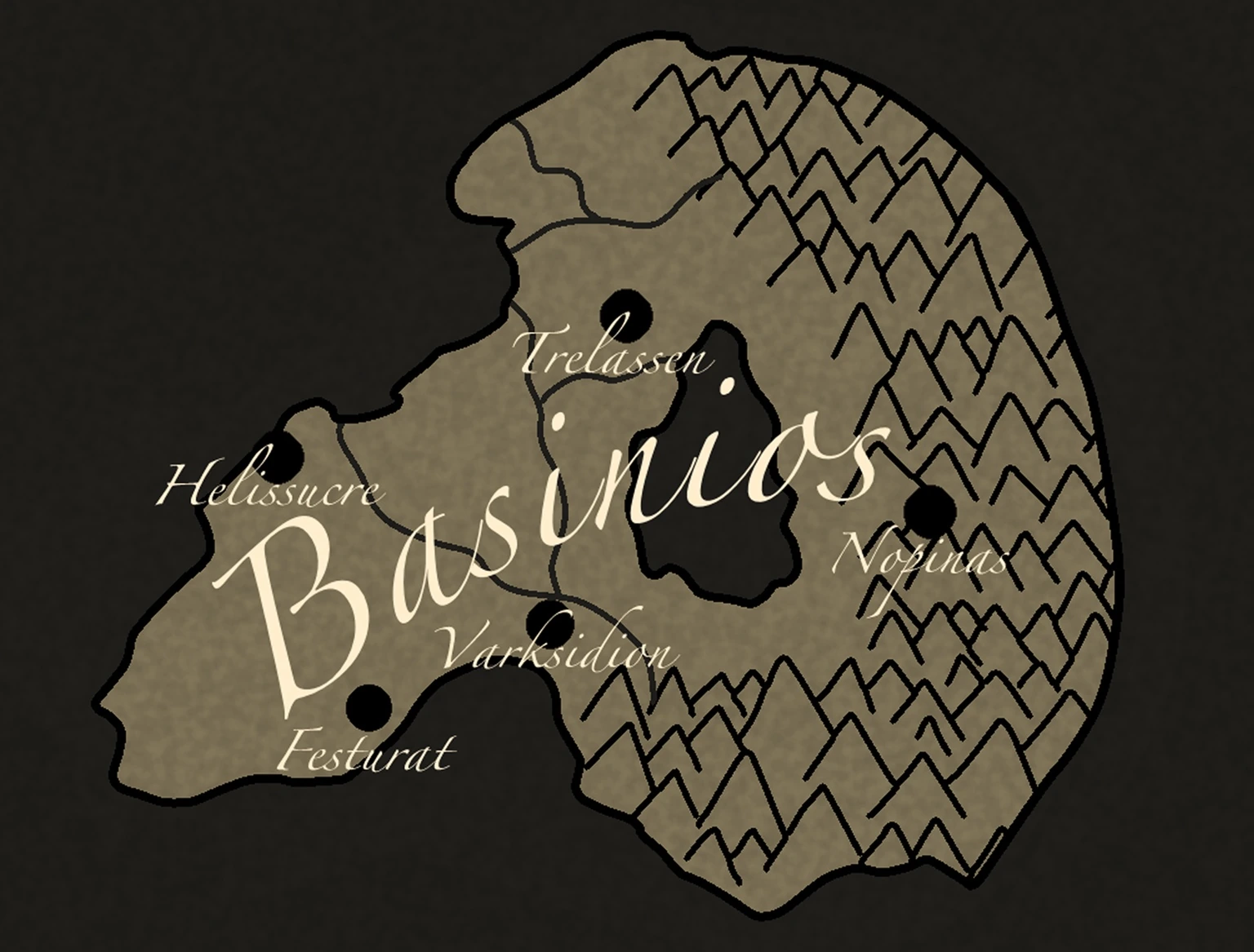 Map of Basinios with the capitals Helissucre, Trelassen, Nopinas, Varksidion and Festurat marked across the known world.